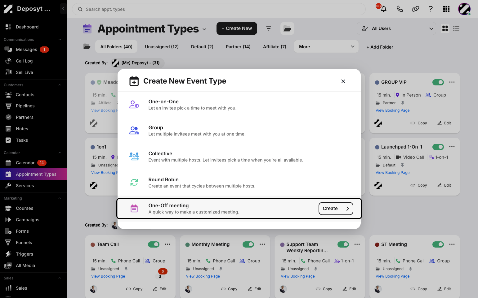 Step 3: Select the One-off-meeting event type. This is an
event type that is a quick way to make a customized meeting. Then, click the Create button.
