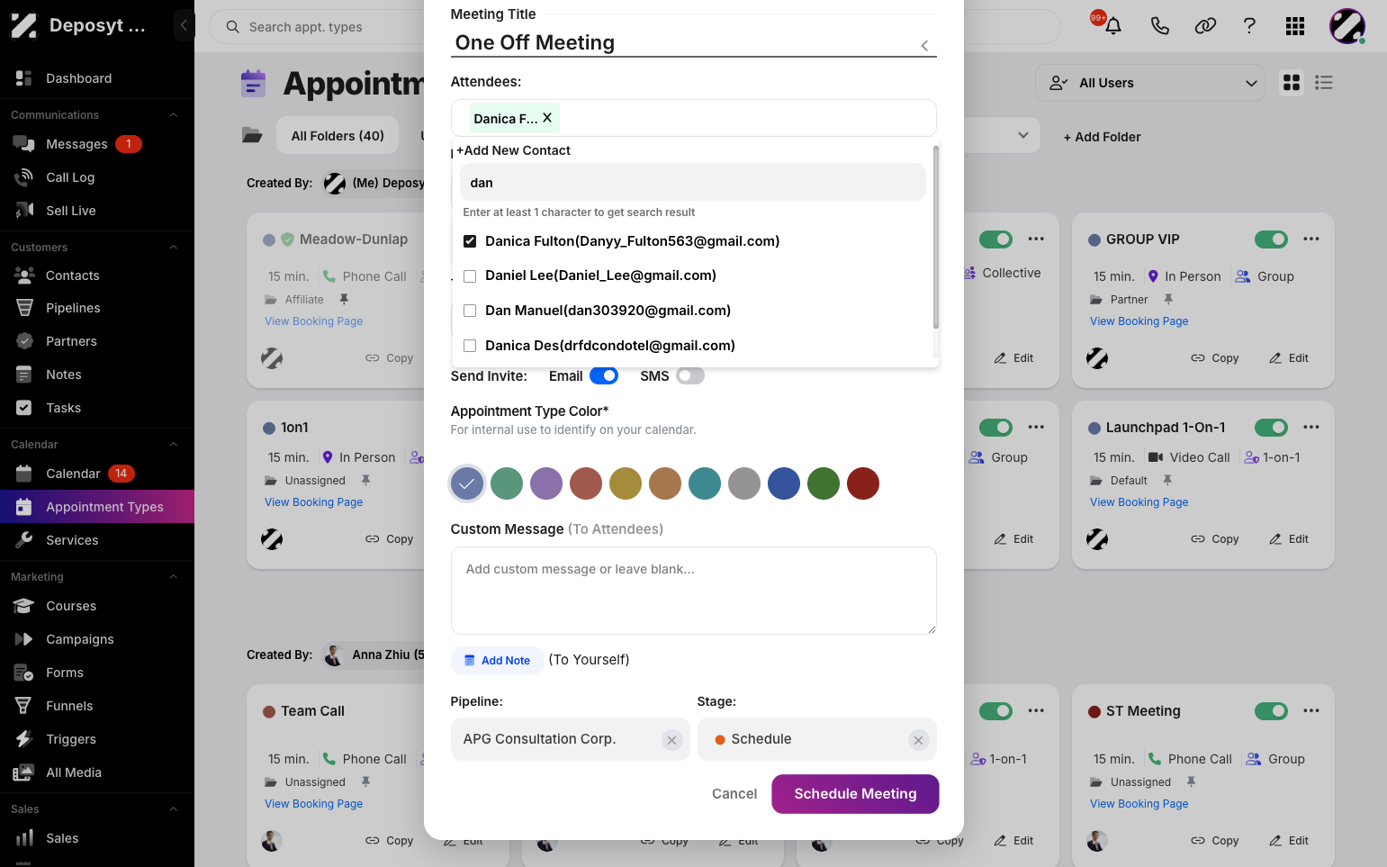 Step 5: Click Schedule Meeting to finalize your One-Off Meeting appointment type.