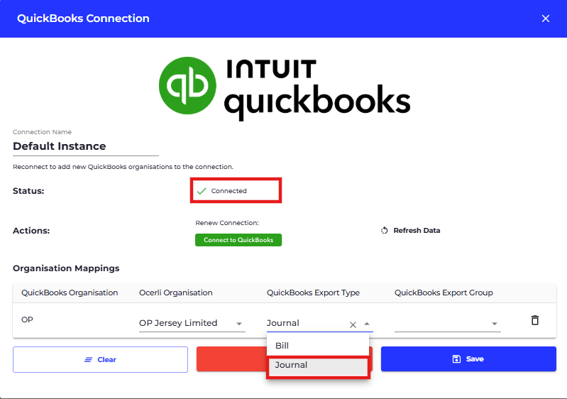 Click on QuickBooks Export Type dropdown against the relevant organisation