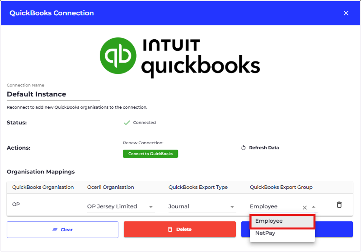 Click on QuickBooks Export Group dropdown
