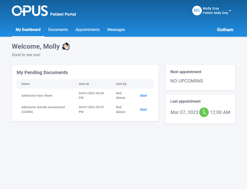 Patient accesses the patient portal via the link sent to his/ her email address