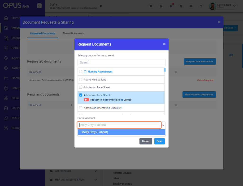 Ensures that the patient portal account is selected