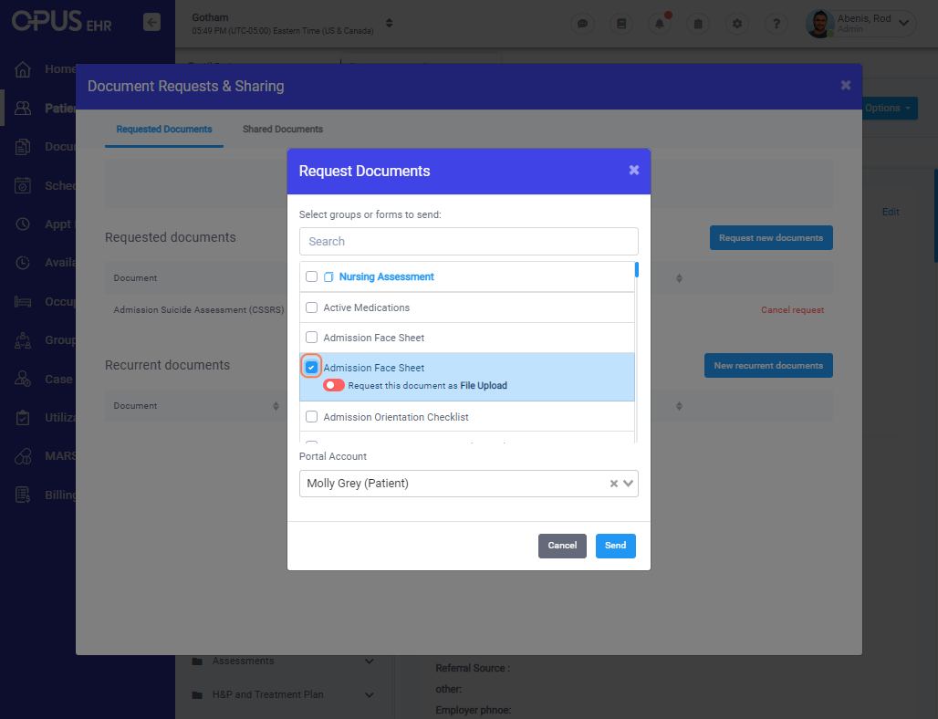 Selects the document/ form that needs to be sent