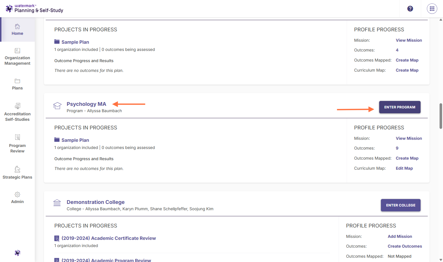 Click on the name of the program or on ENTER PROGRAM to view and update the program information.