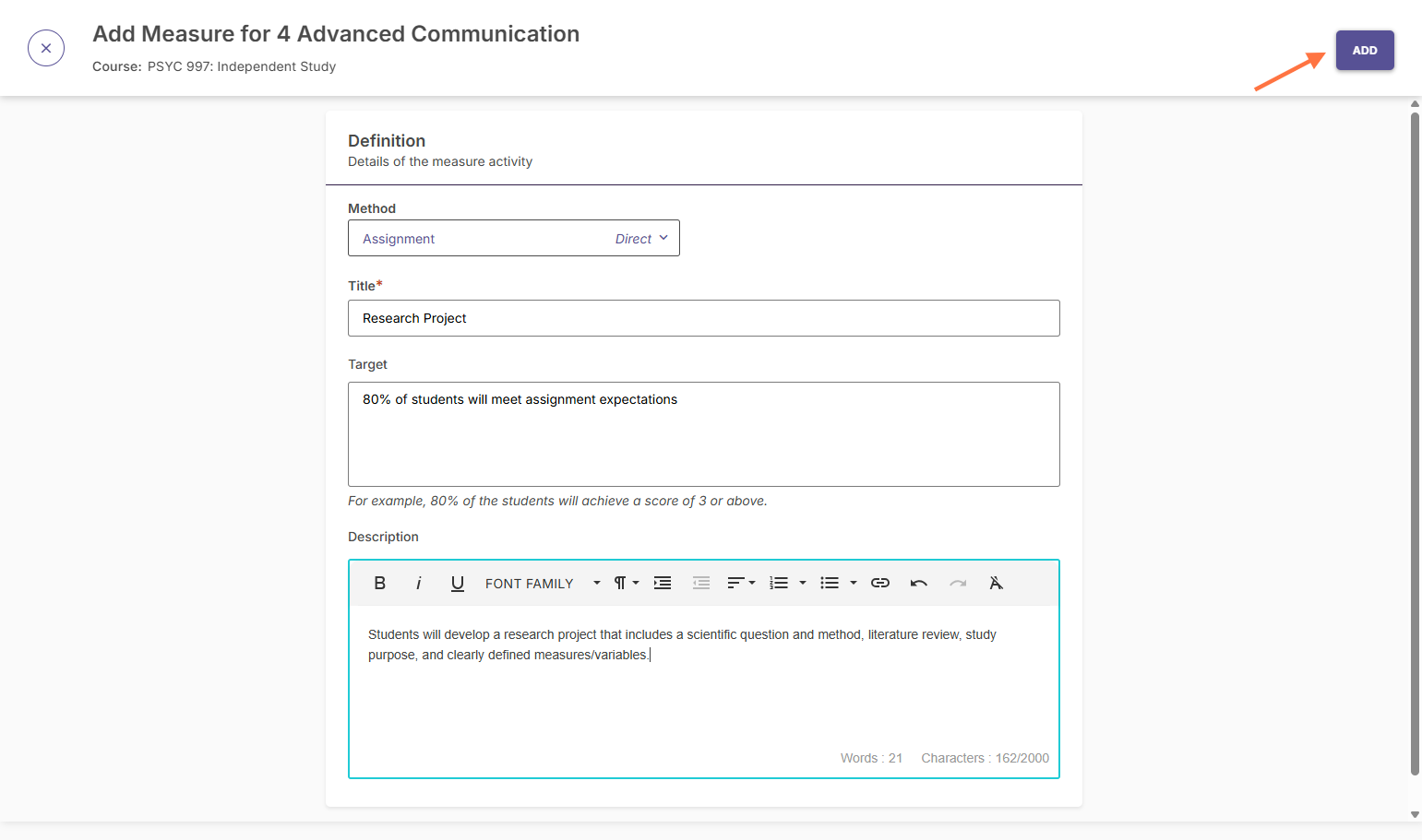 When you have finished entering the measure information, click on ADD at the top right corner of the screen.
