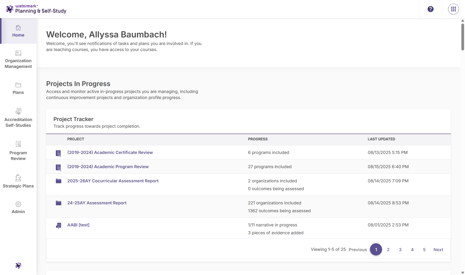 From your homepage, you can view all the projects you have access to in Planning & Self-Study.