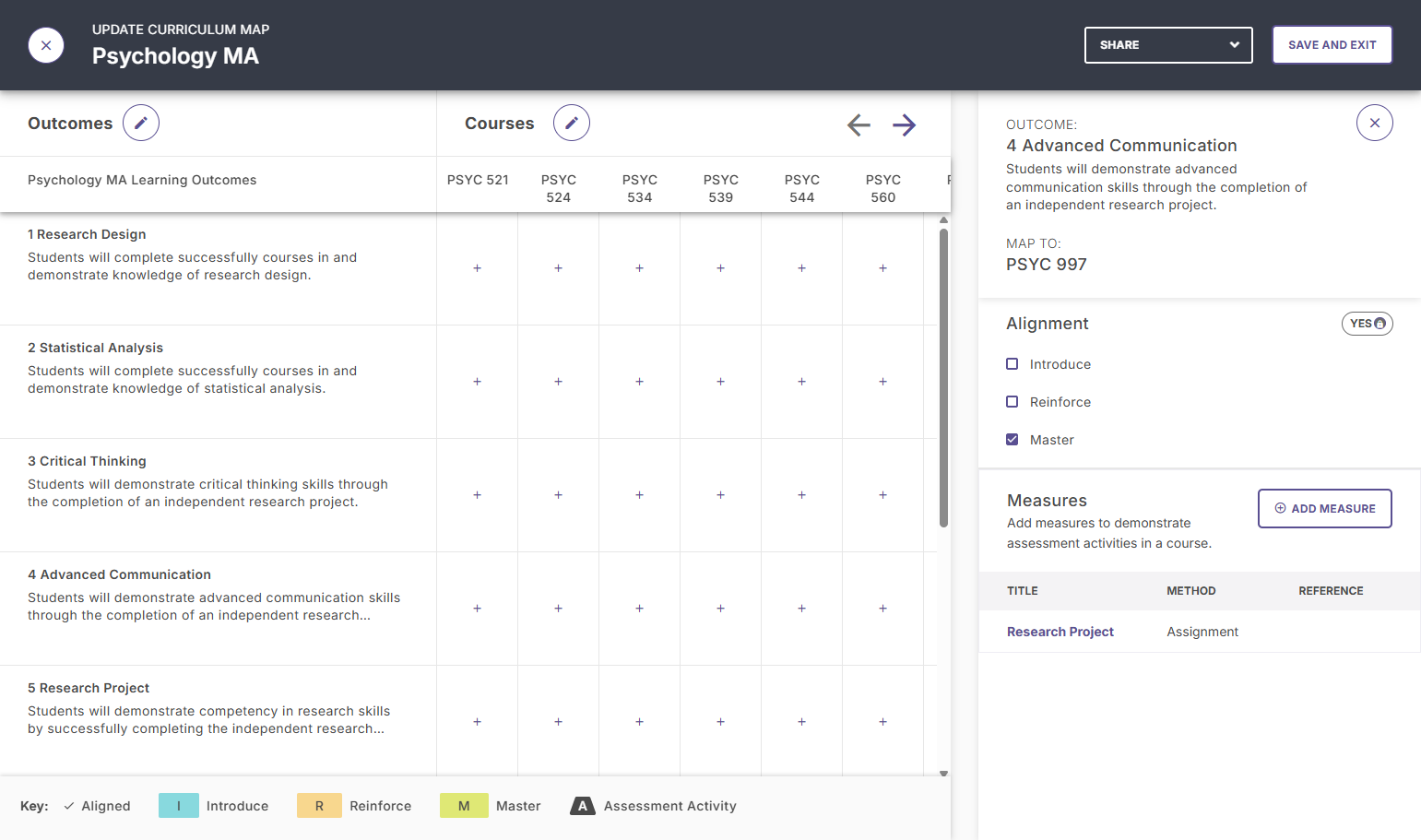 This will return you to the previous menu where you can indicate the alignment of the measure (e.g., "Master"). Because this project is in an upper level course and includes a research project, you can click