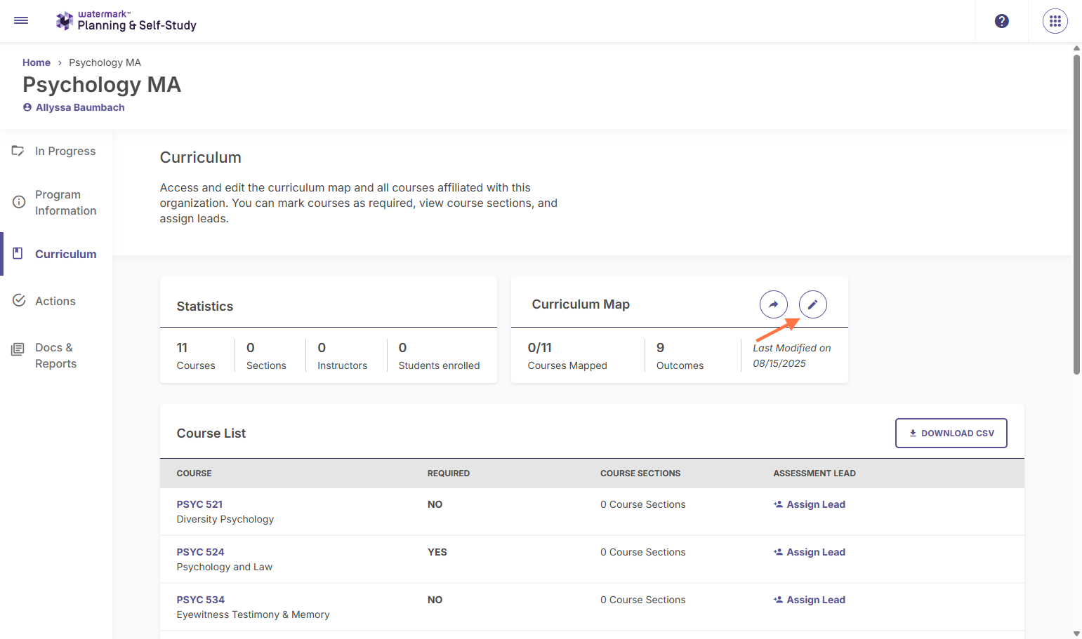 You will then be redirected to the list of courses that have been added to this program's curriculum as well as the curriculum map. Click on the pencil icon to edit your curriculum map.