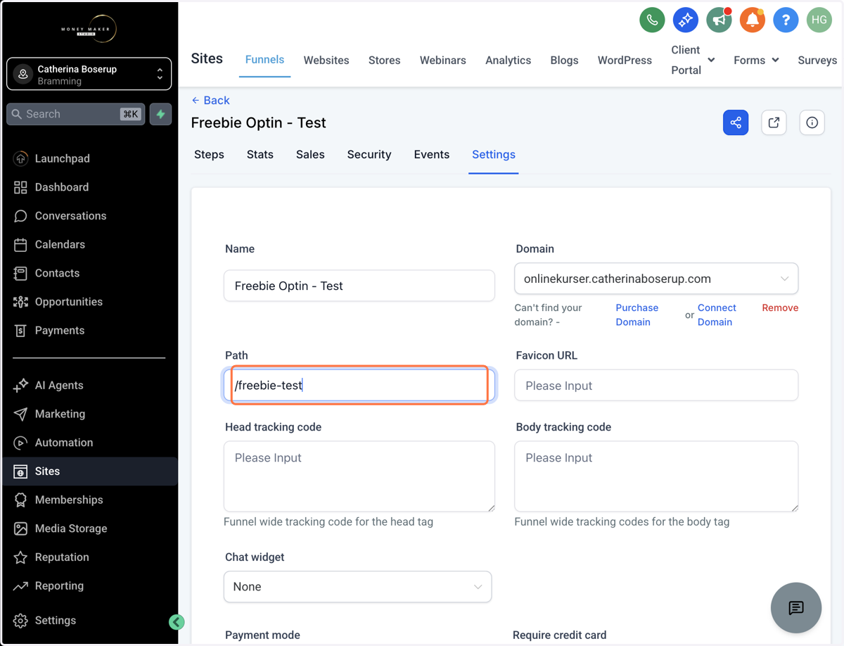 Skriv hvad din funnel URL skal hedde fx "/freebie_test"
