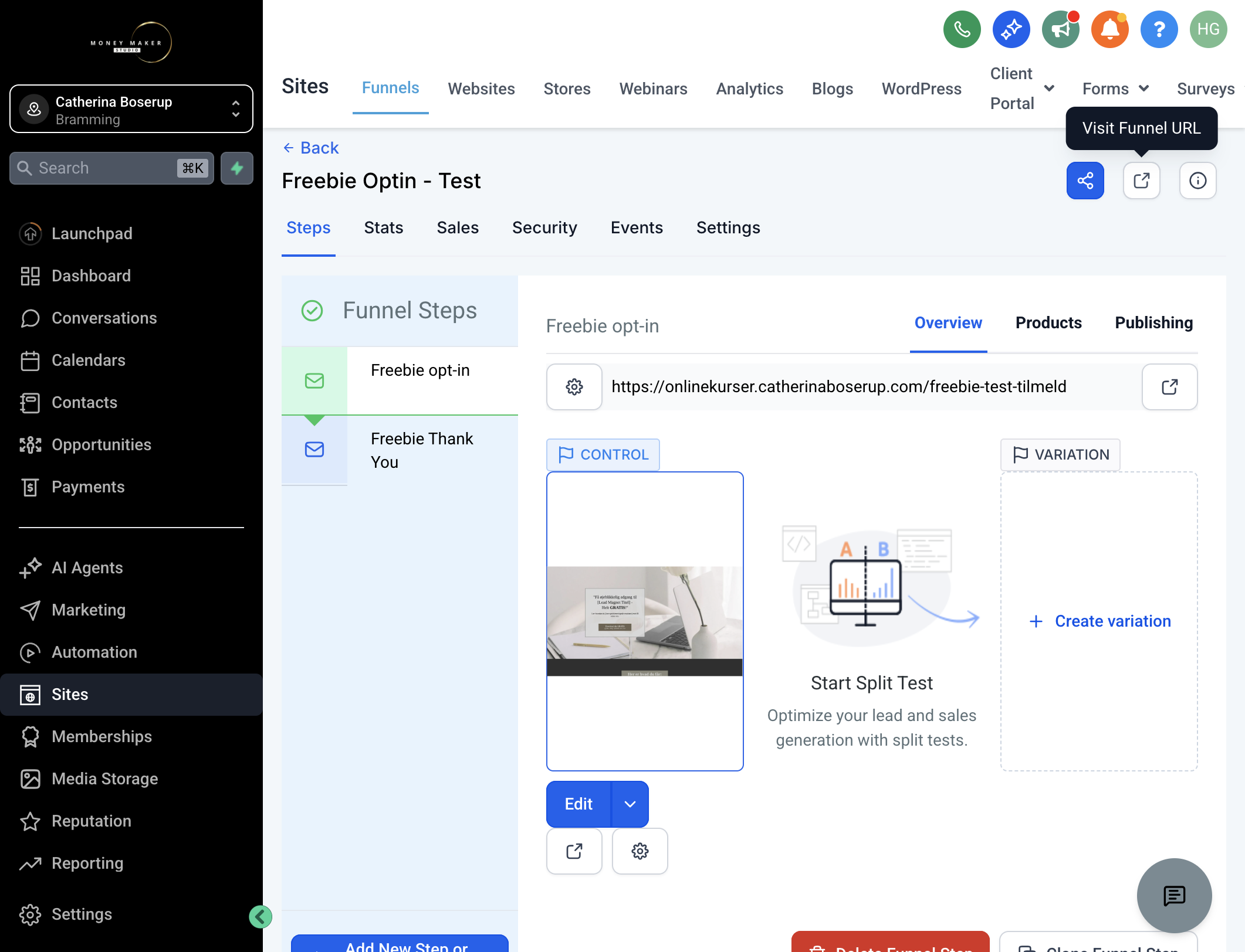 Find linket til din funnel ved at klikke på ikonet "Visit Funnel URL"
