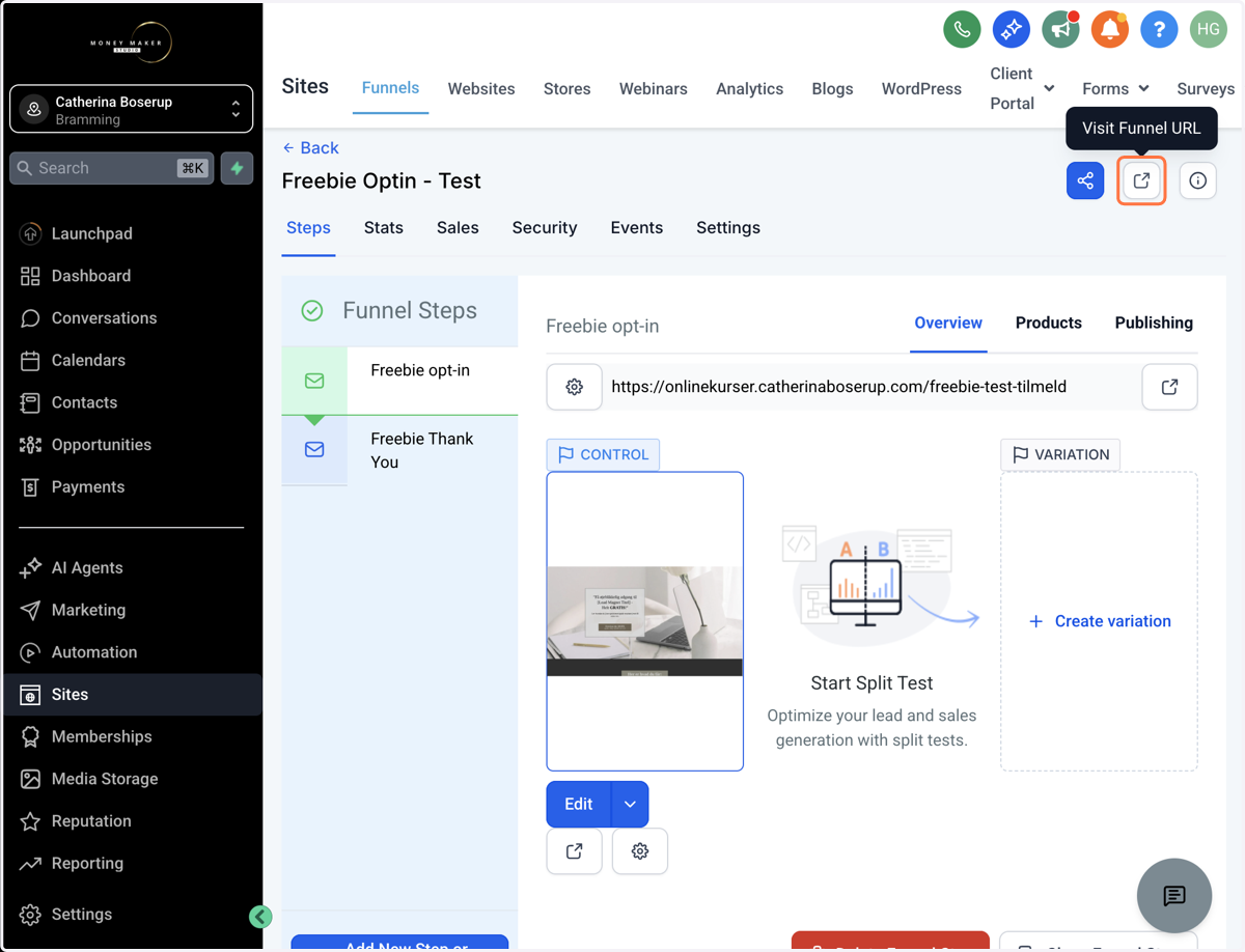 Find linket til din funnel ved at klikke på ikonet "Visit Funnel URL"
