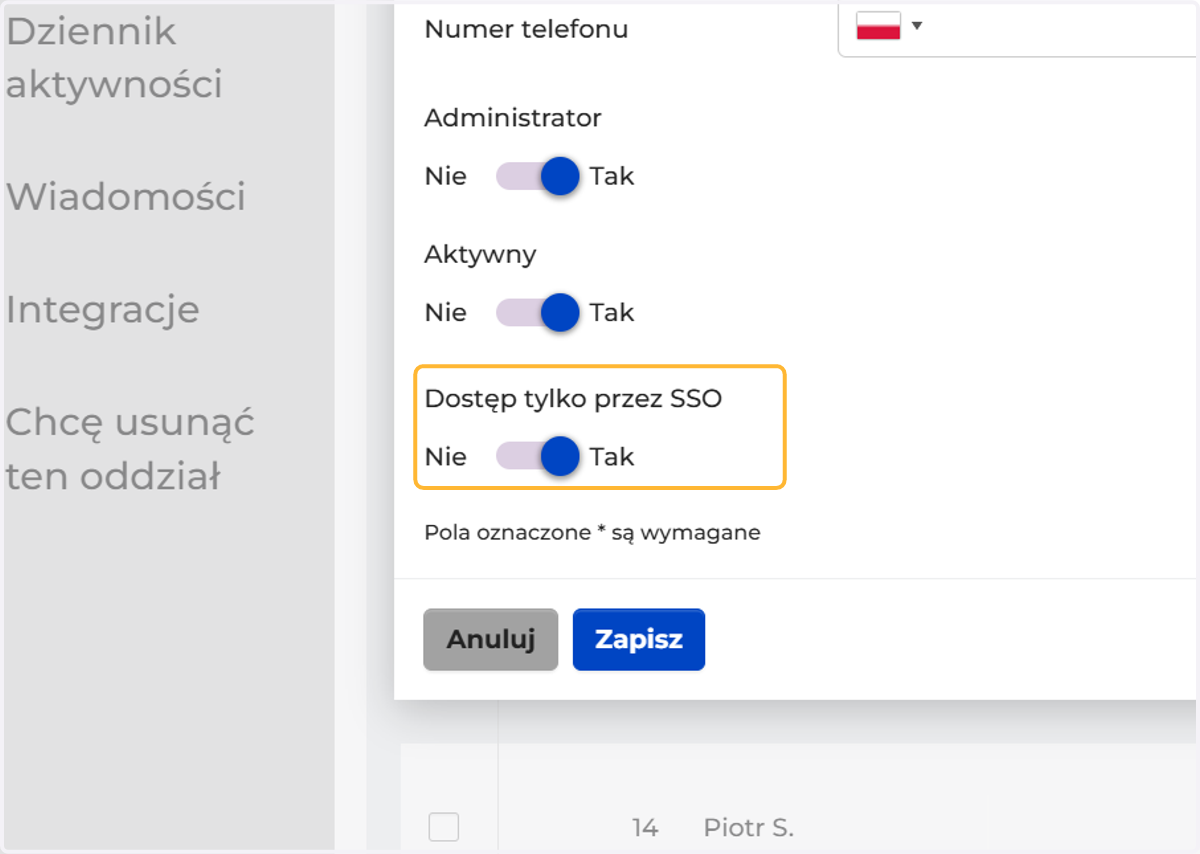 Możesz ustawić, aby dostęp do systemu był tylko poprzez SSO