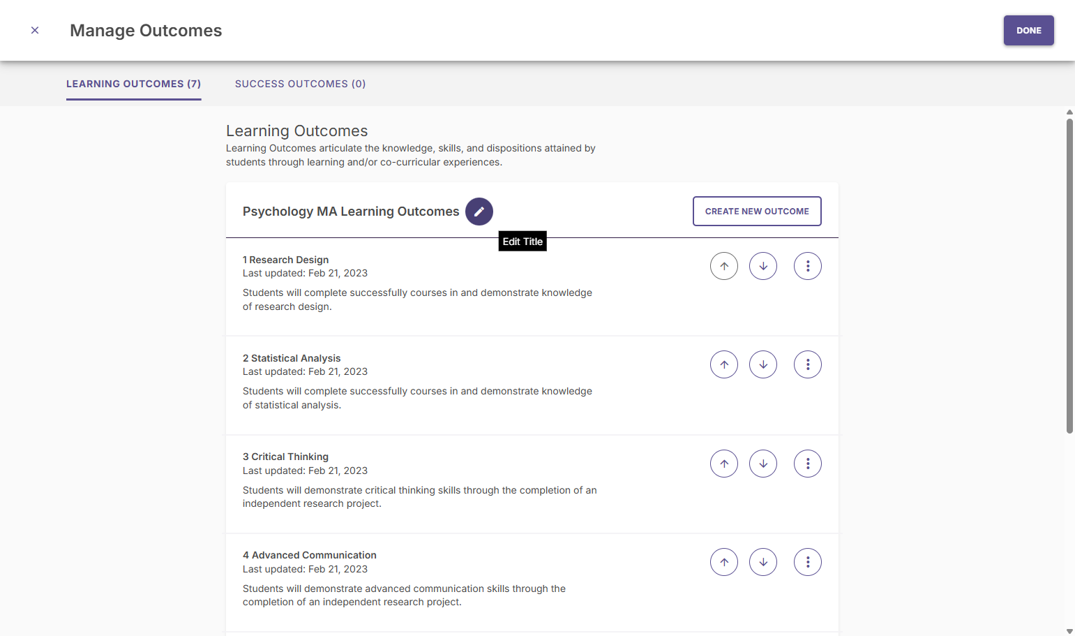 Click on the pencil icon to edit your outcome set.