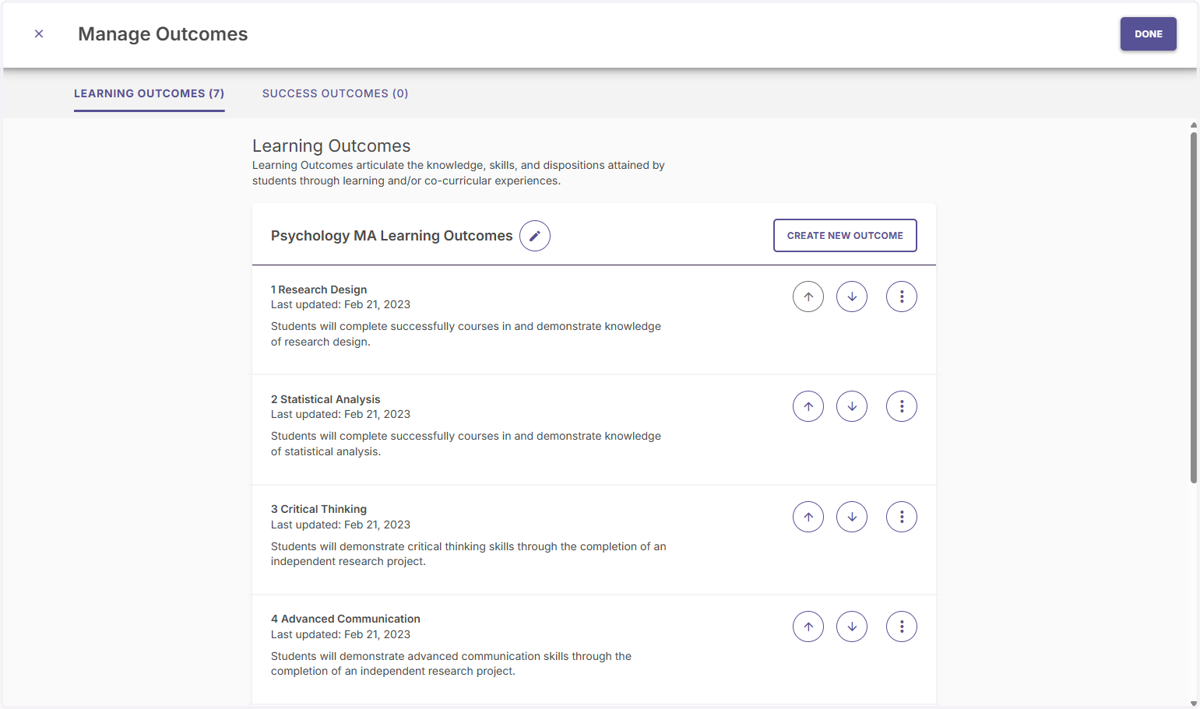 View your list of outcomes and the title for the outcome list/set.