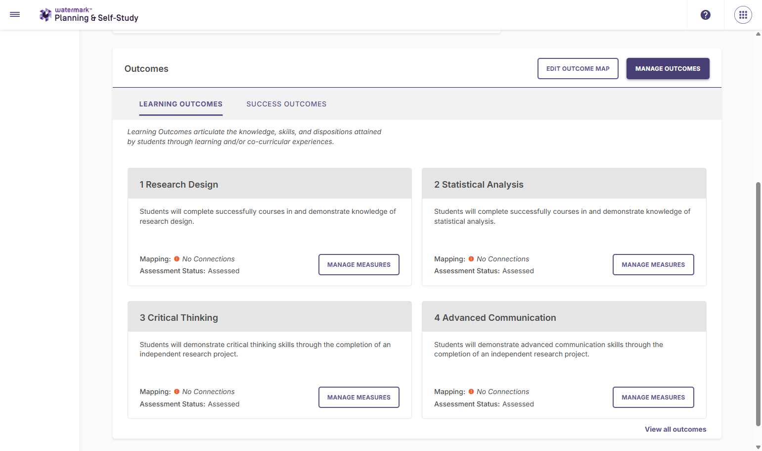 Click on MANAGE OUTCOMES to add and edit outcomes.