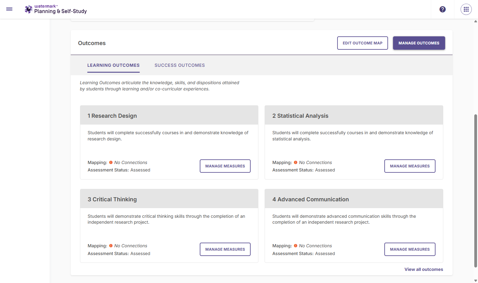 Below the Mission Statement is the list of learning outcomes and success outcomes.