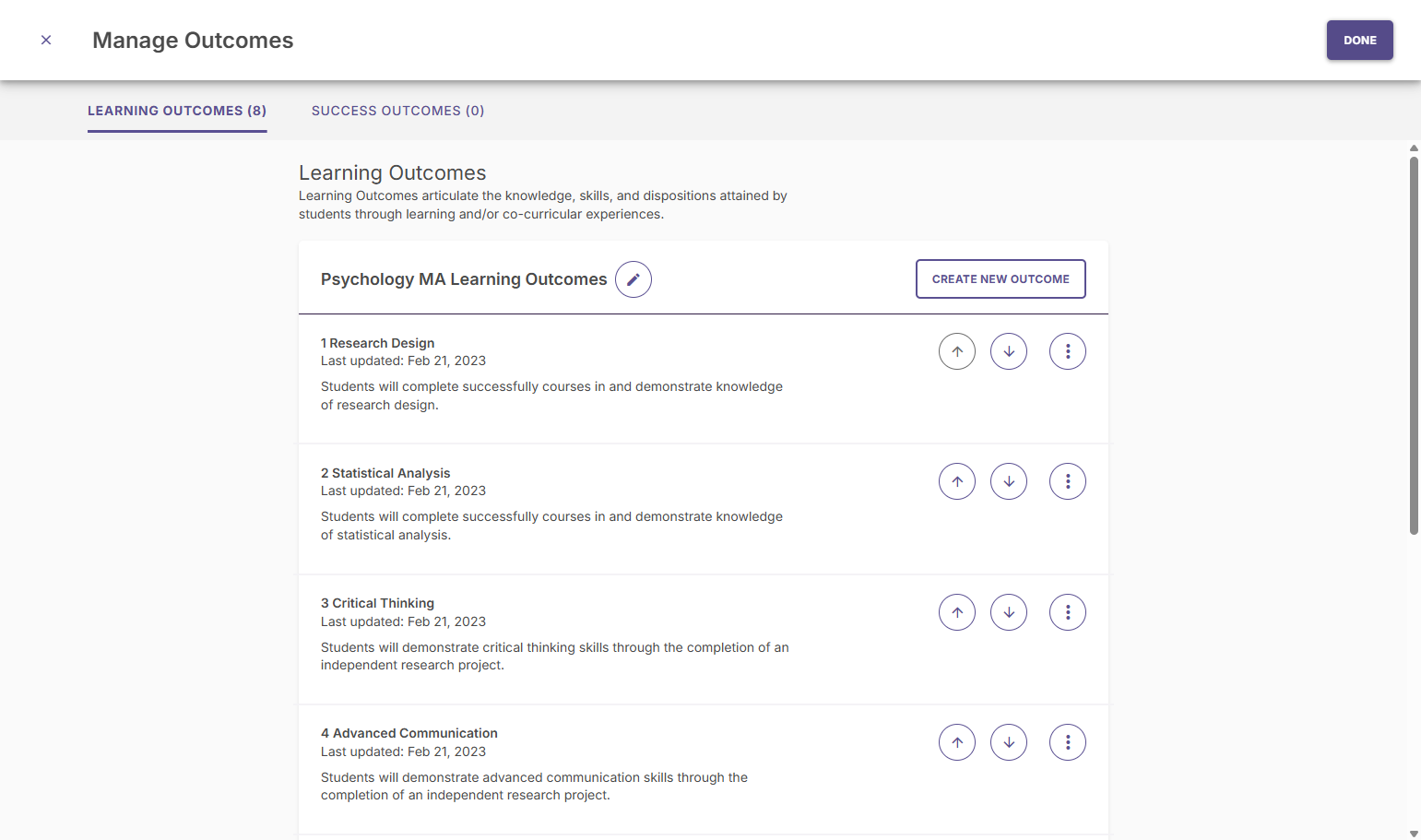 Click on DONE when you are finished adding and editing your outcomes.