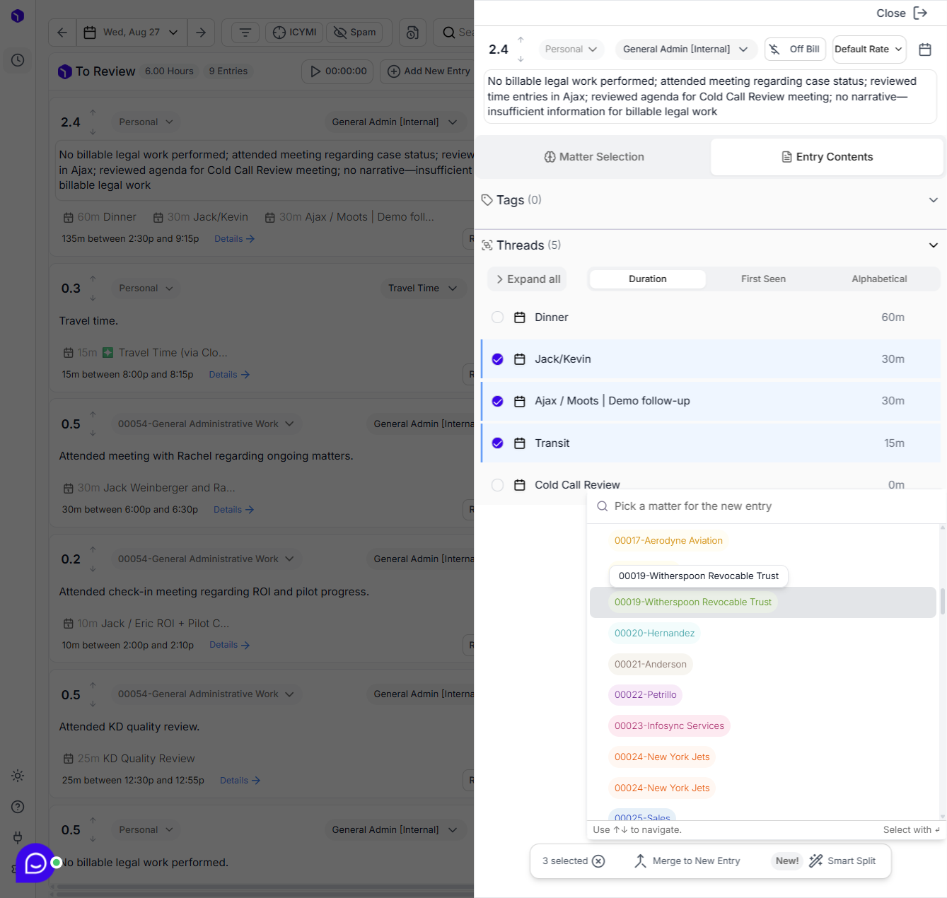 Pick a matter for the new entry you want to send these activities to