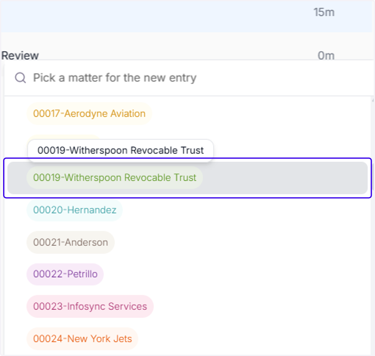 Pick a matter for the new entry you want to send these activities to