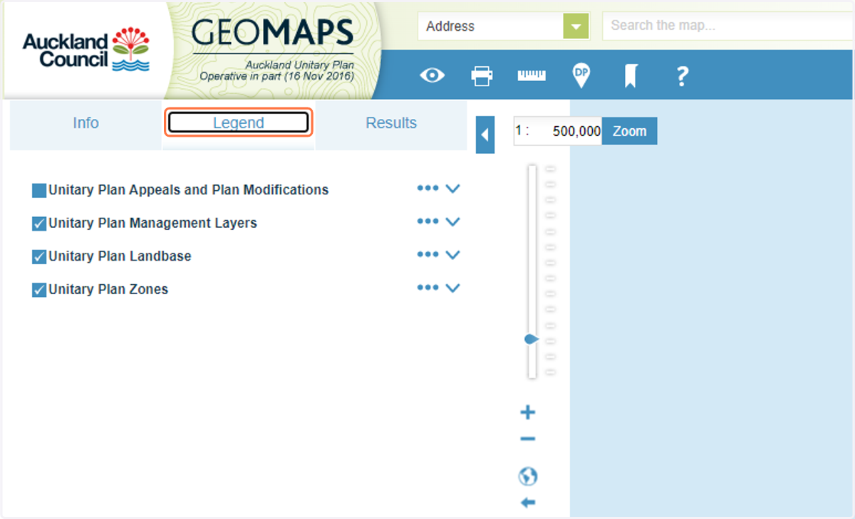 When the Unitary Plan maps have loaded - navigate to the 'Legend' Tab on the left side of the screen.