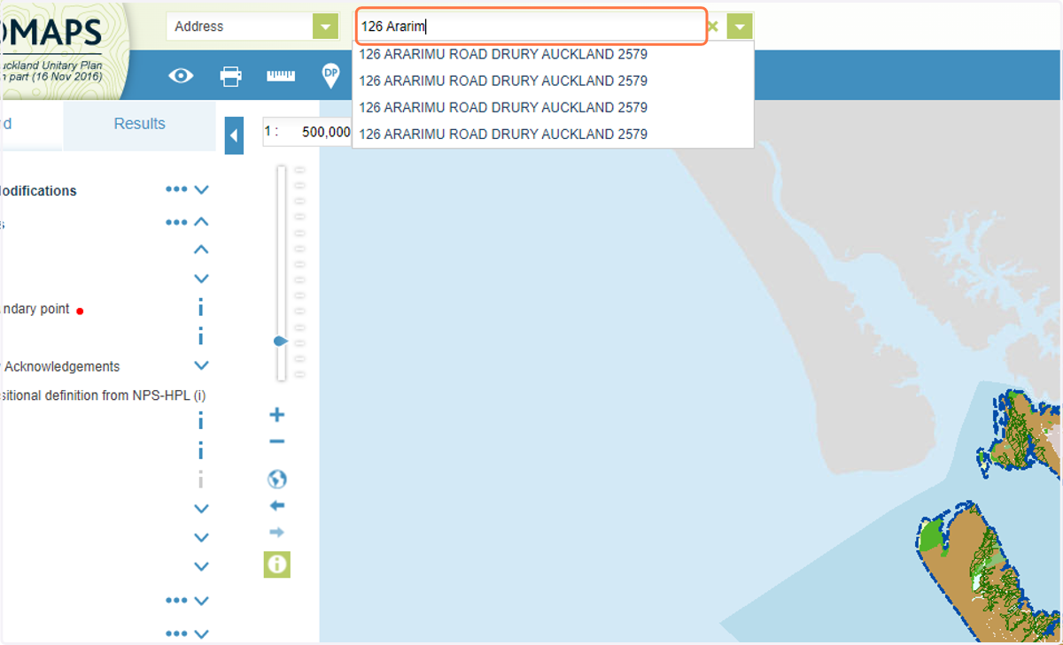 Next, we are going to look at an example in South Auckland. To look at an example as you follow this guide, enter an address into the search bar at the top of the page.