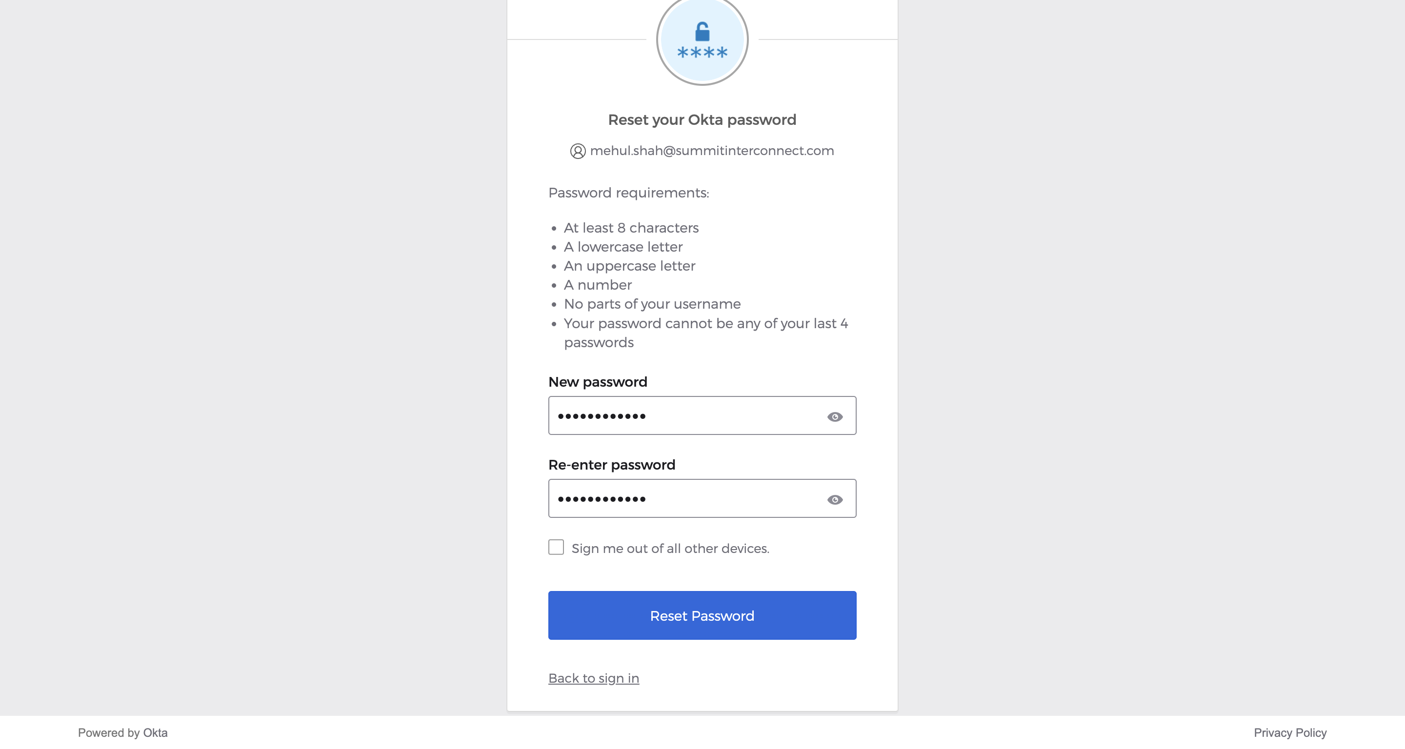 Click on Reset Password