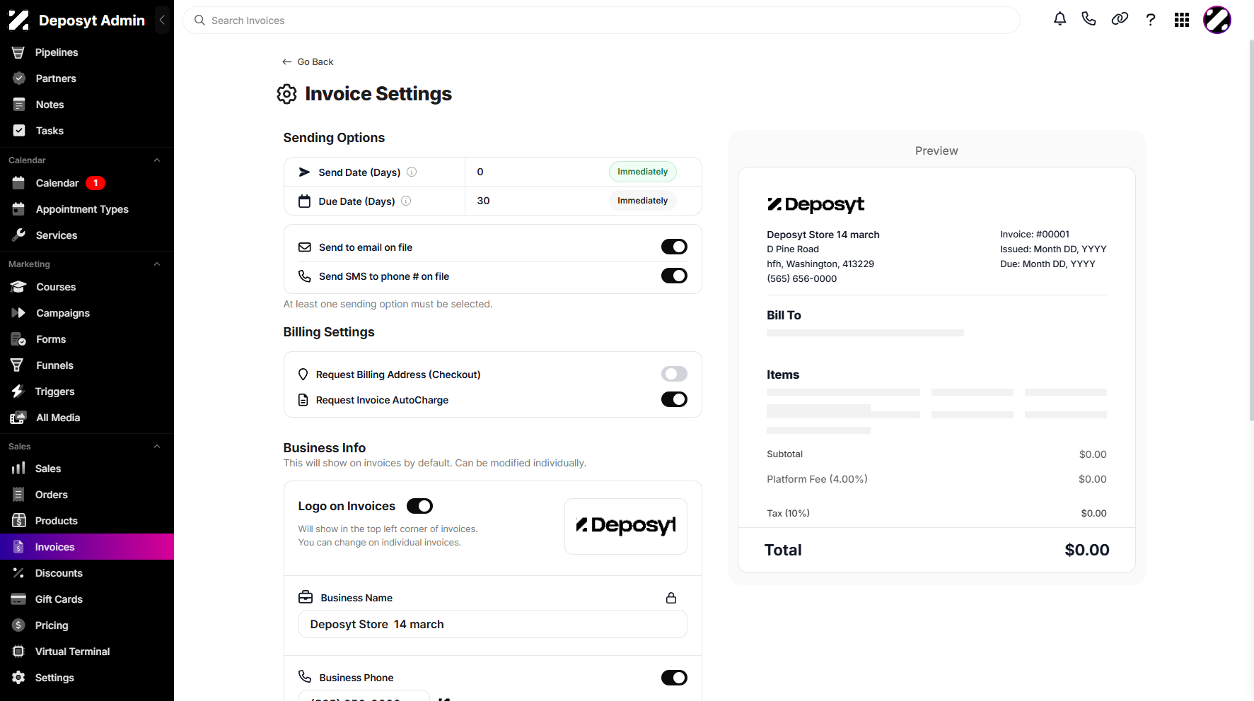 Step 4: You will then be navigated to Invoice Settings, where you can manage your invoice sending options, billing settings, business information, and reminders.