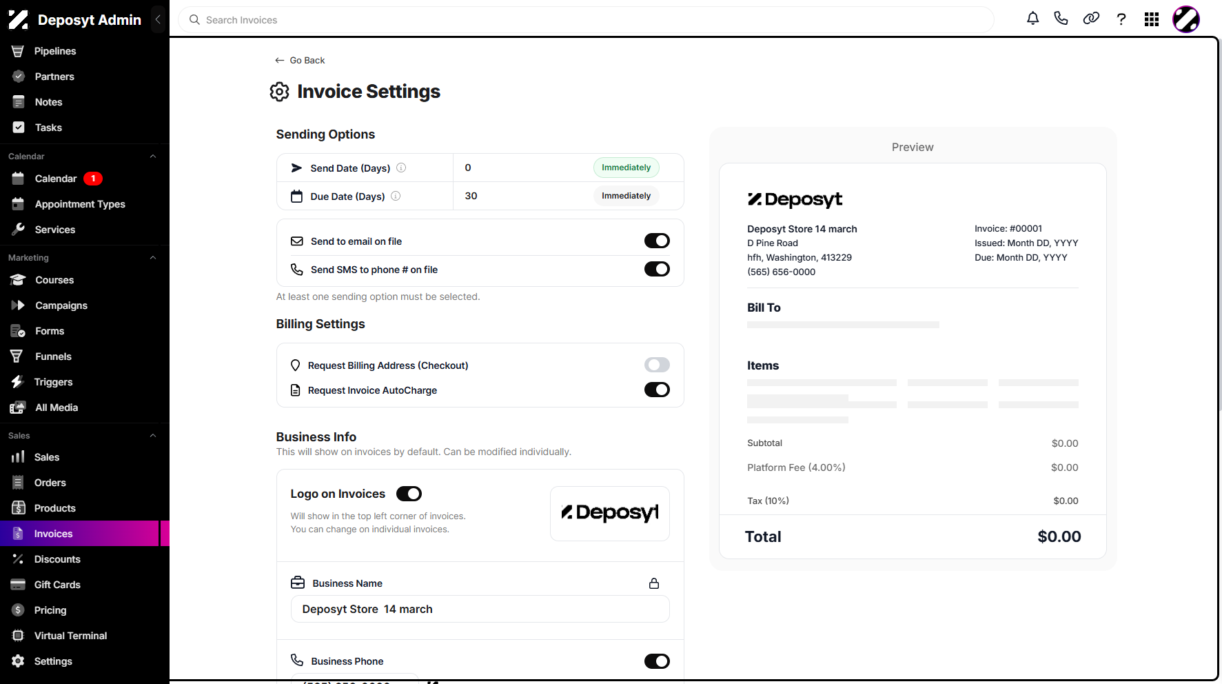 Step 4: You will then be navigated to Invoice Settings, where you can manage your invoice sending options, billing settings, business information, and reminders.