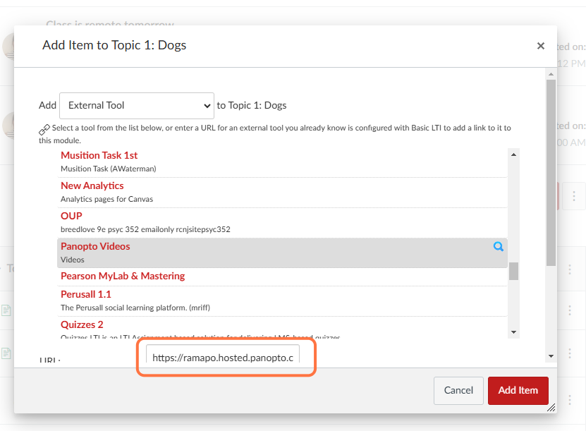 The URL for that video will appear in the URL text box. To complete, click “Add Item.”
