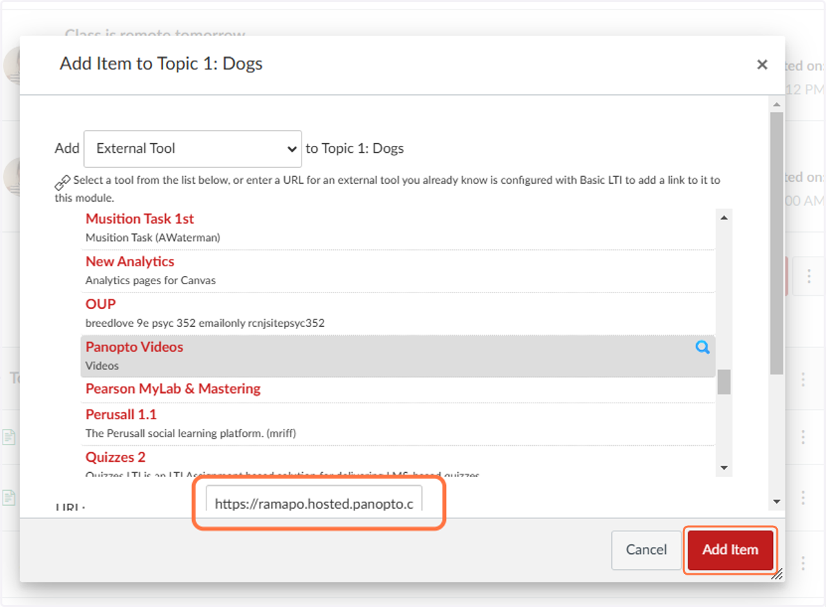 The URL for that video will appear in the URL text box. To complete, click “Add Item.”