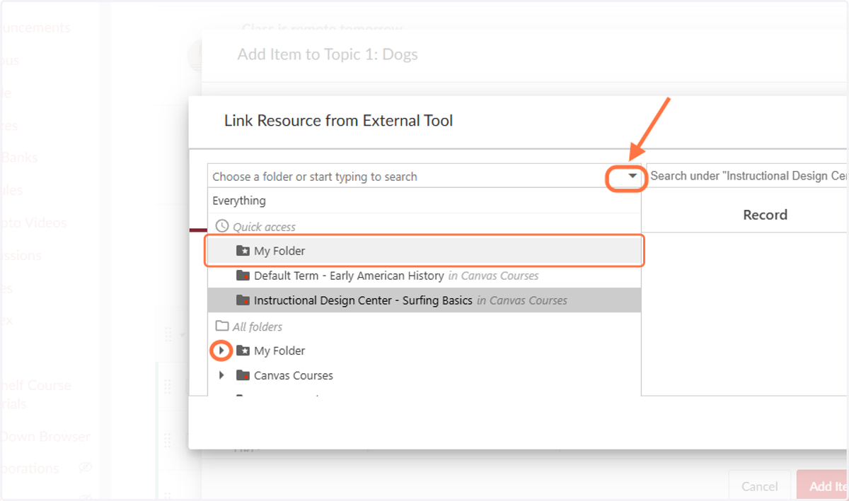 The “Link Resource from External Tool” display box will open next. Navigate to the drop down at the top of the box and locate the folder where the video resides. You may need to click the expander arrow if you've created sub-folders