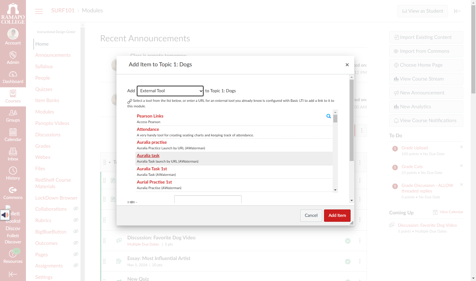 In the “Add Item to [Module Name]” display box open the “Add [External Tool]” drop down.