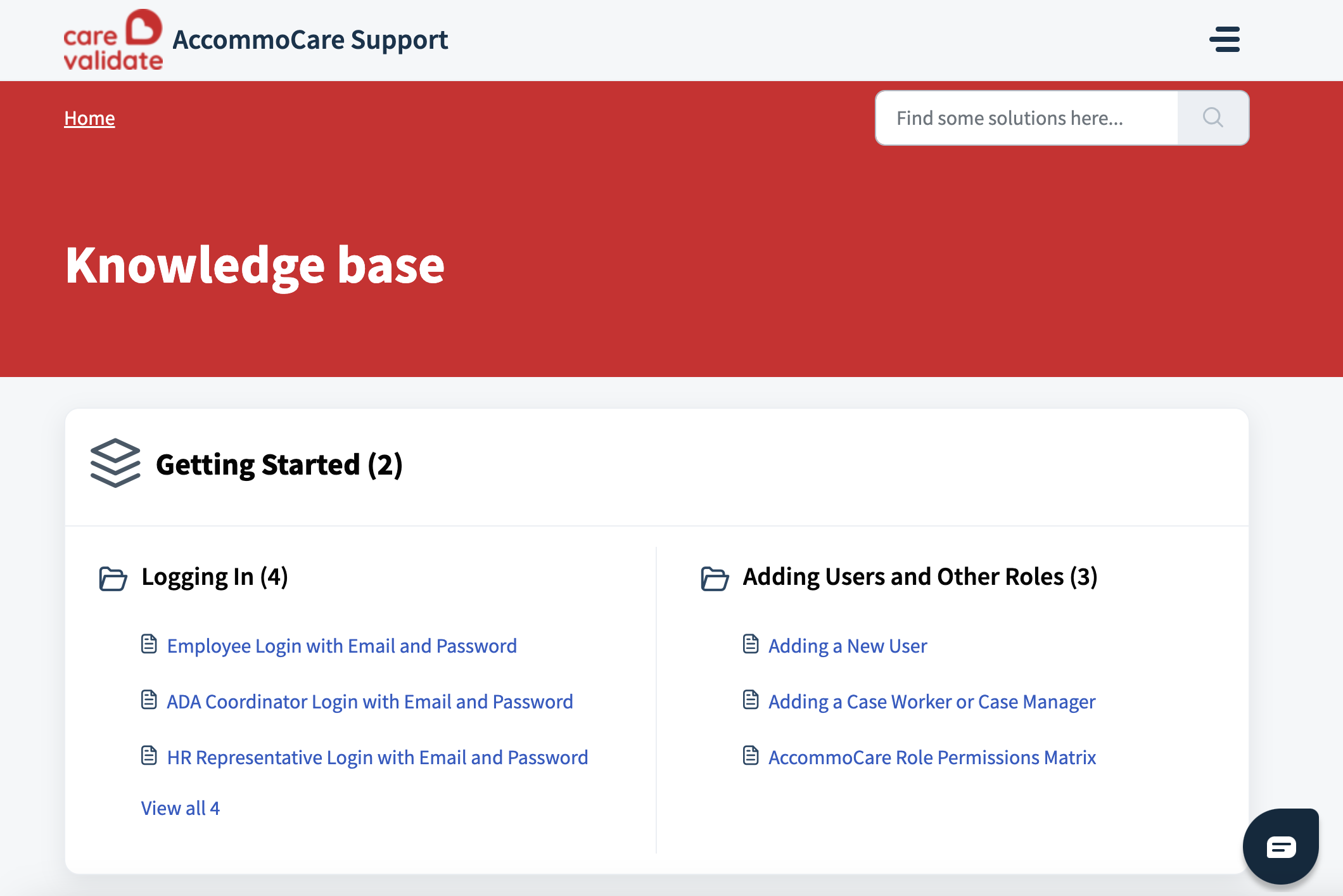 Clicking on Knowledge base will open a new tab with solution articles for Accommocare.