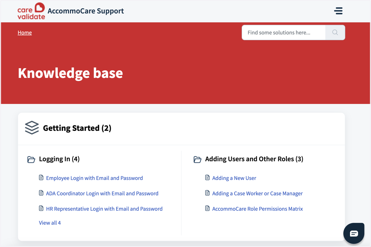 Clicking on Knowledge base will open a new tab with solution articles for Accommocare.