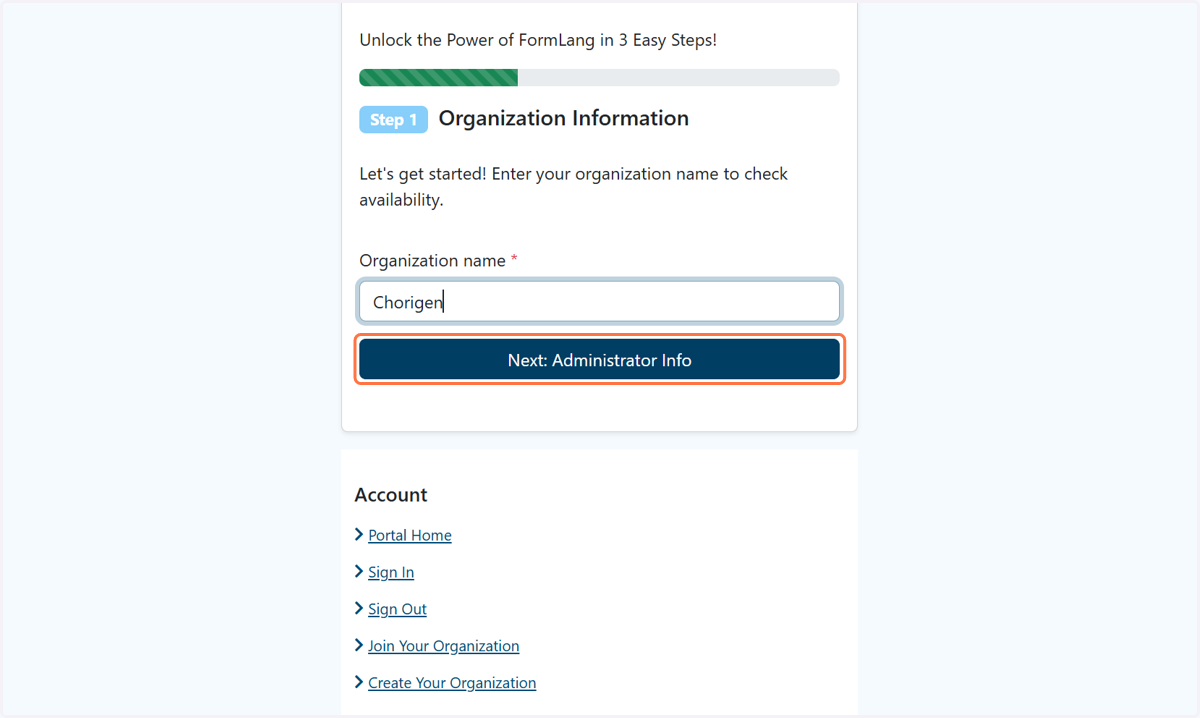 Click on Next: Administrator Info