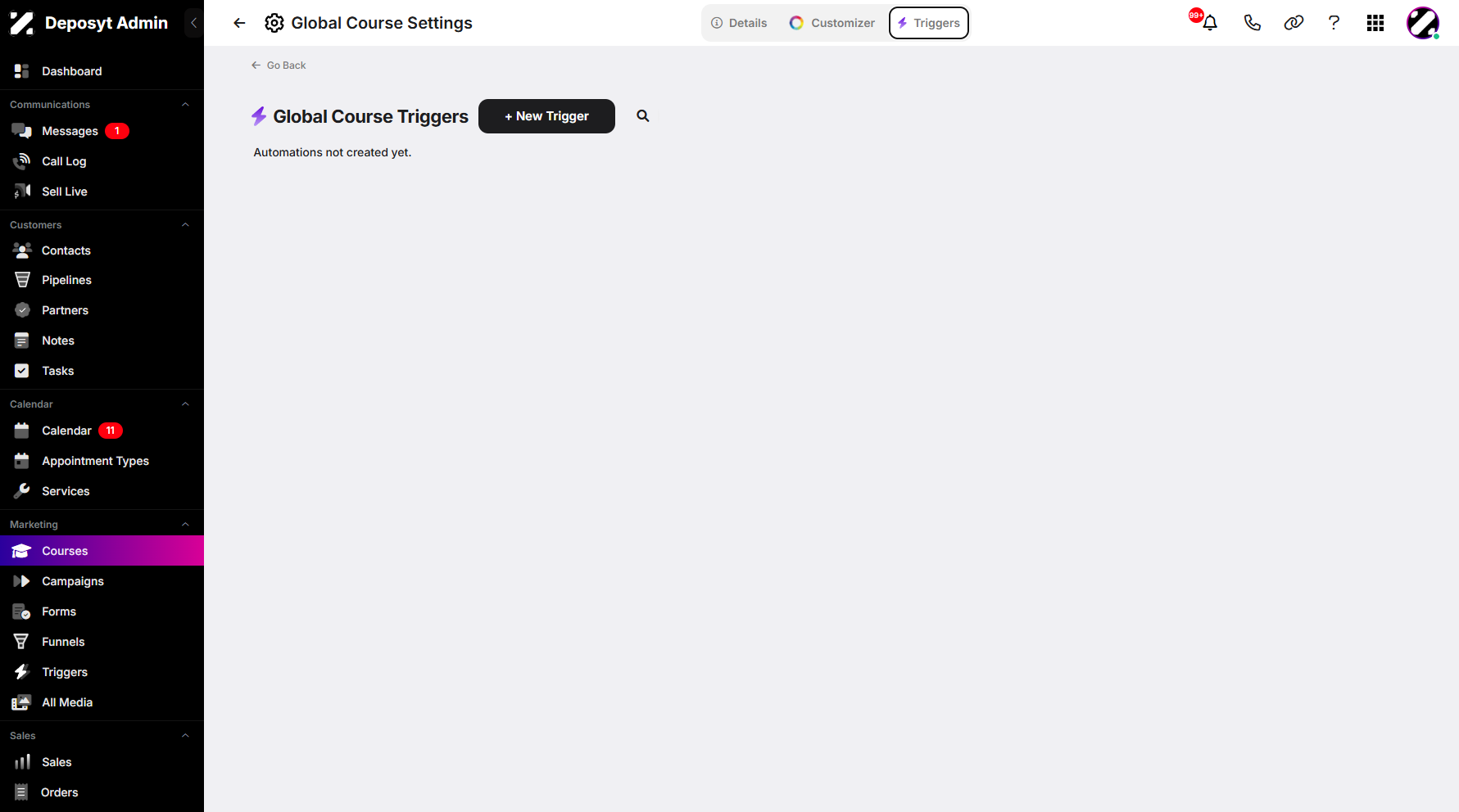 Step 6: You will then be taken to the Global Course Triggers page.