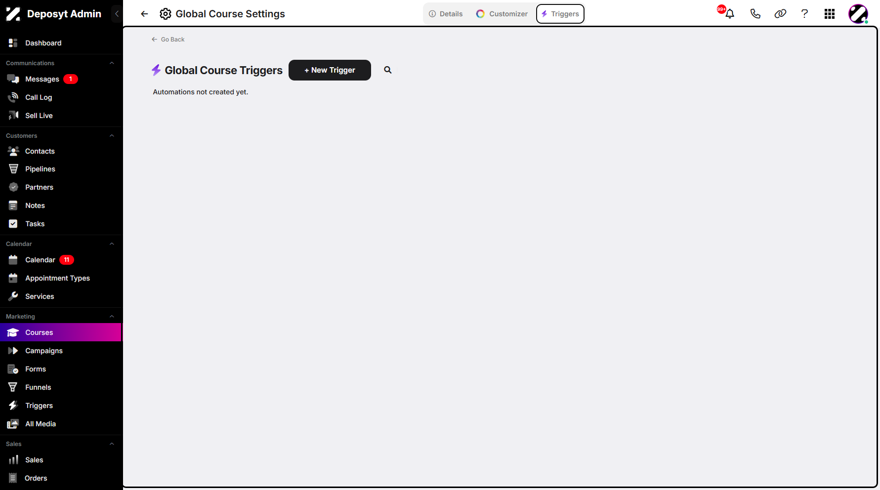 Step 6: You will then be taken to the Global Course Triggers page.