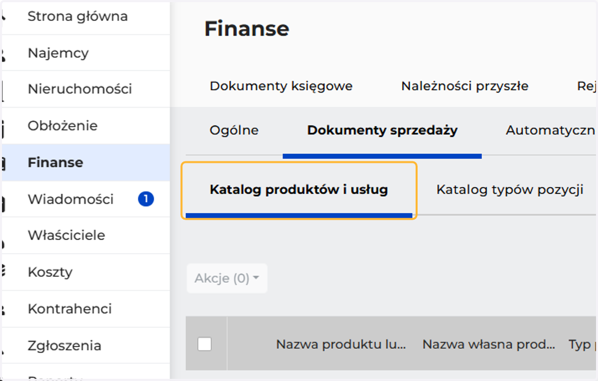 Następnie Katalog produktów i usług