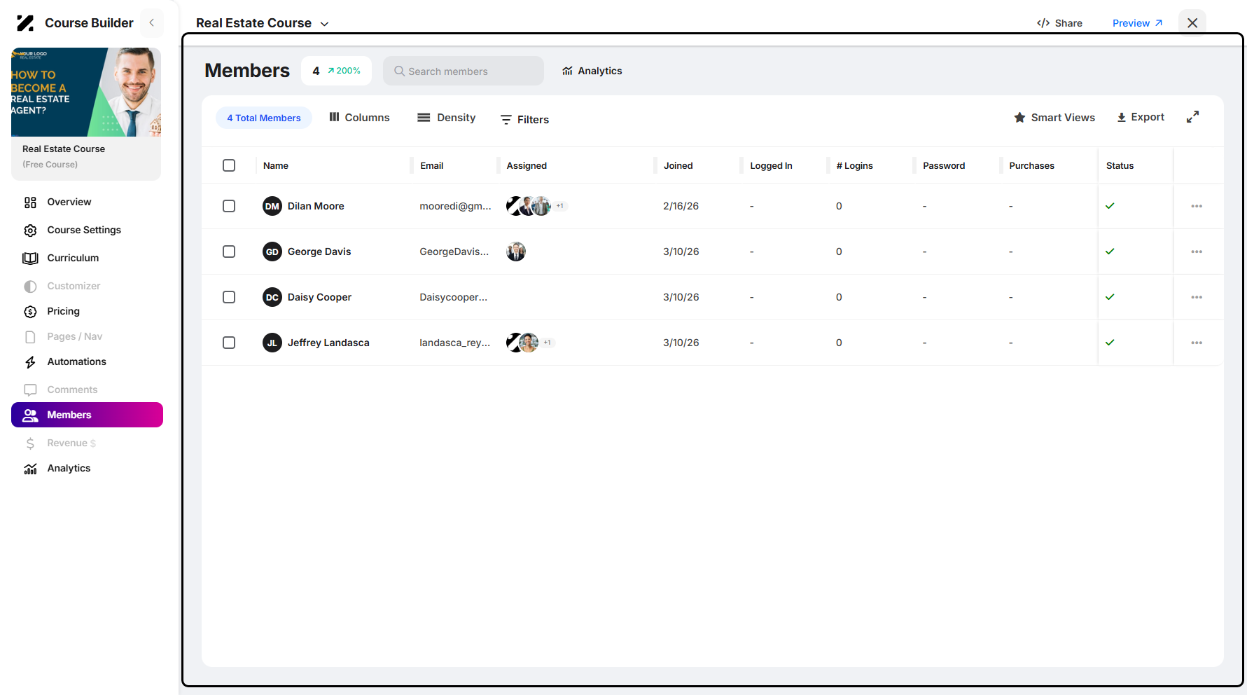 Step 4: You will then be navigated to the selected course Members page.