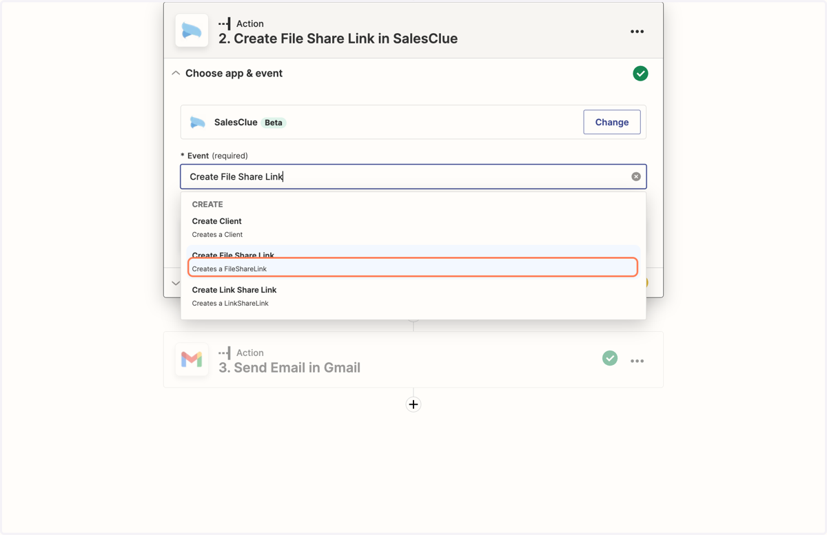Action으로 SalesClue를 선택하고, "Create File Share Link"를 Event로 선택합니다.