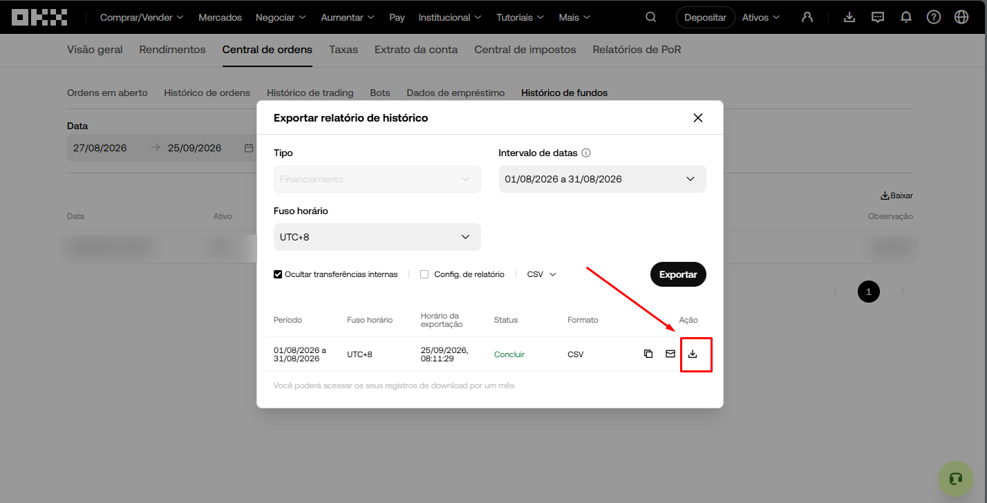 Quando o status mudar para Concluir, clique no ícone de download para baixar o arquivo CSV