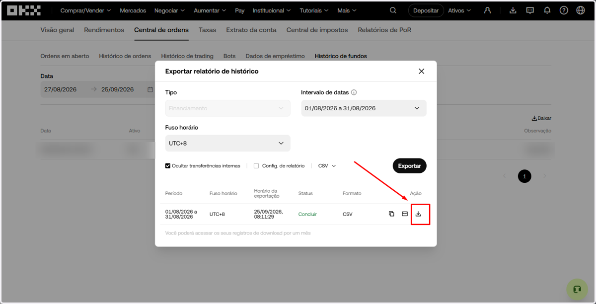 Quando o status mudar para Concluir, clique no ícone de download para baixar o arquivo CSV