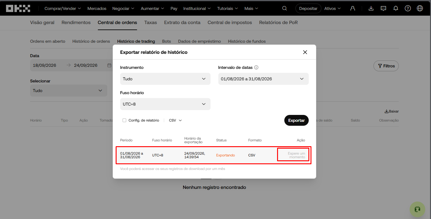 Aguarde enquanto o status aparece como Exportando