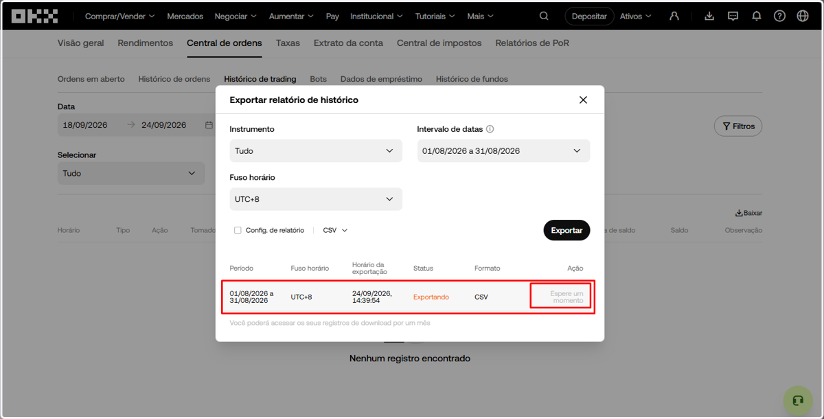 Aguarde enquanto o status aparece como Exportando
