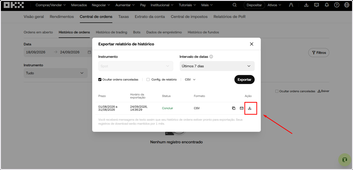 Quando o status mudar para Concluir, clique no ícone de download para baixar o arquivo CSV