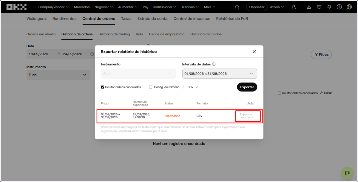 Aguarde enquanto o status aparece como Exportando