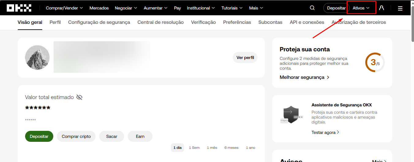 Passe o mouse em cima de Ativos