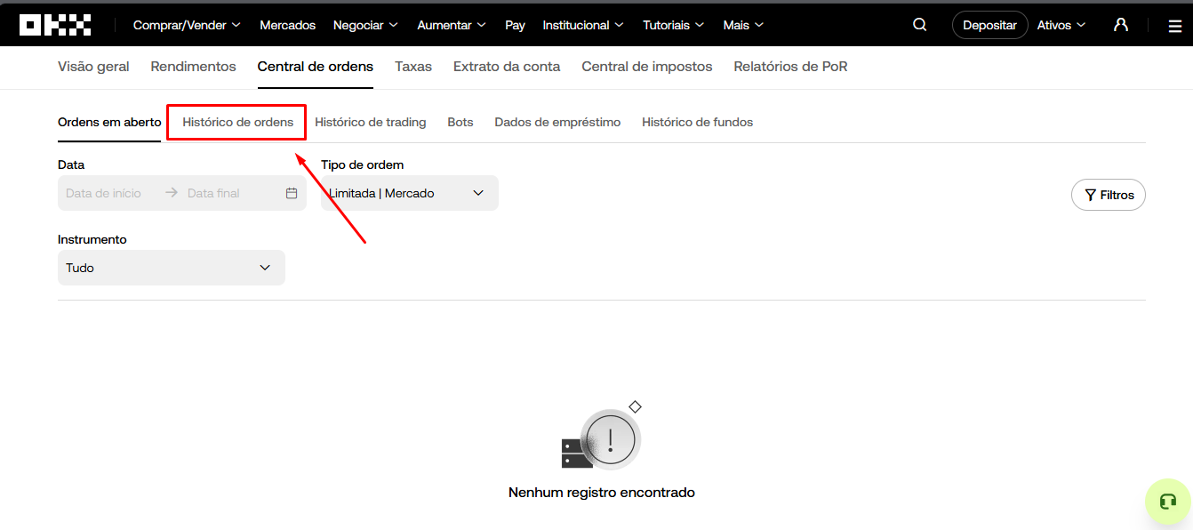 Clique em Histórico de ordens