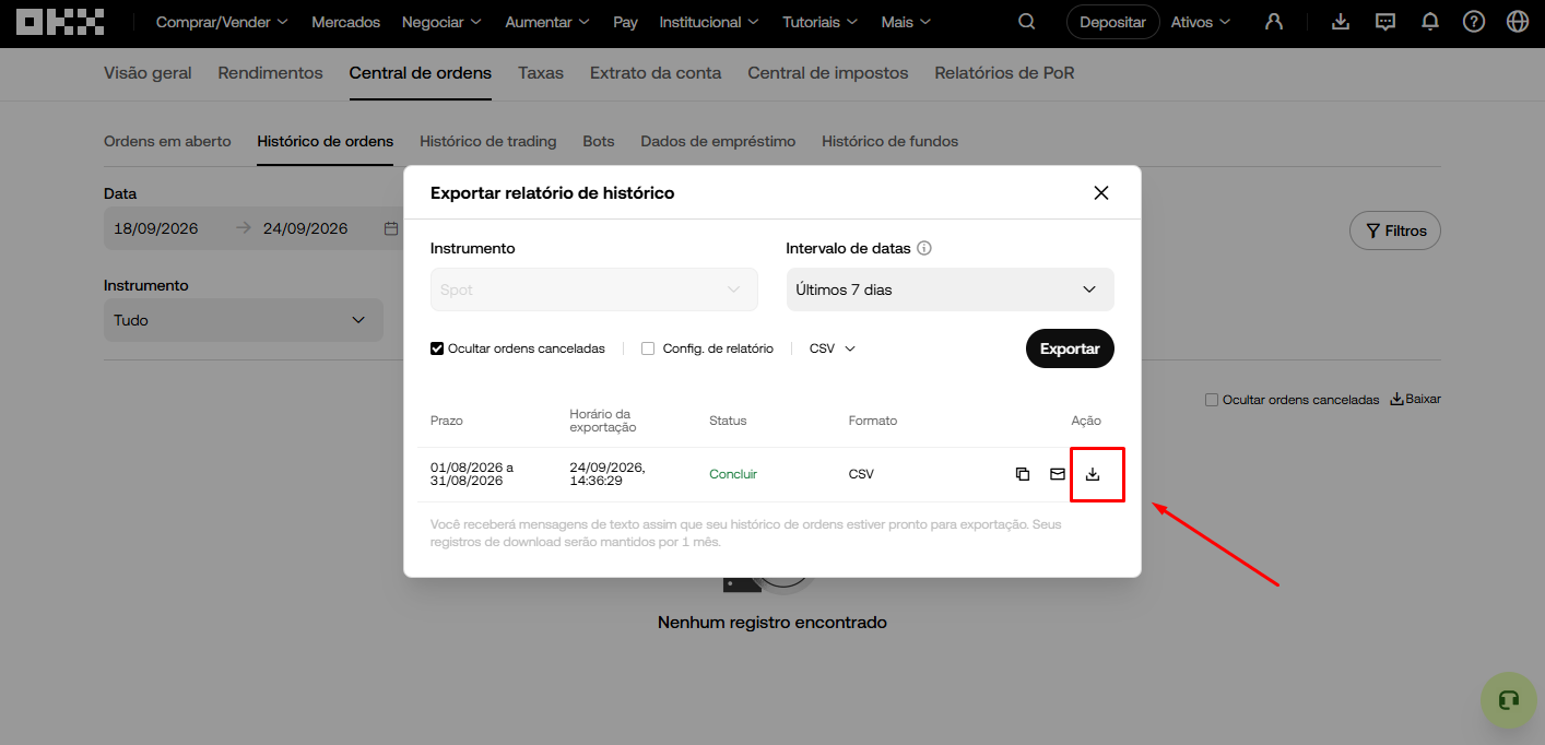 Quando o status mudar para Concluir, clique no ícone de download para baixar o arquivo CSV