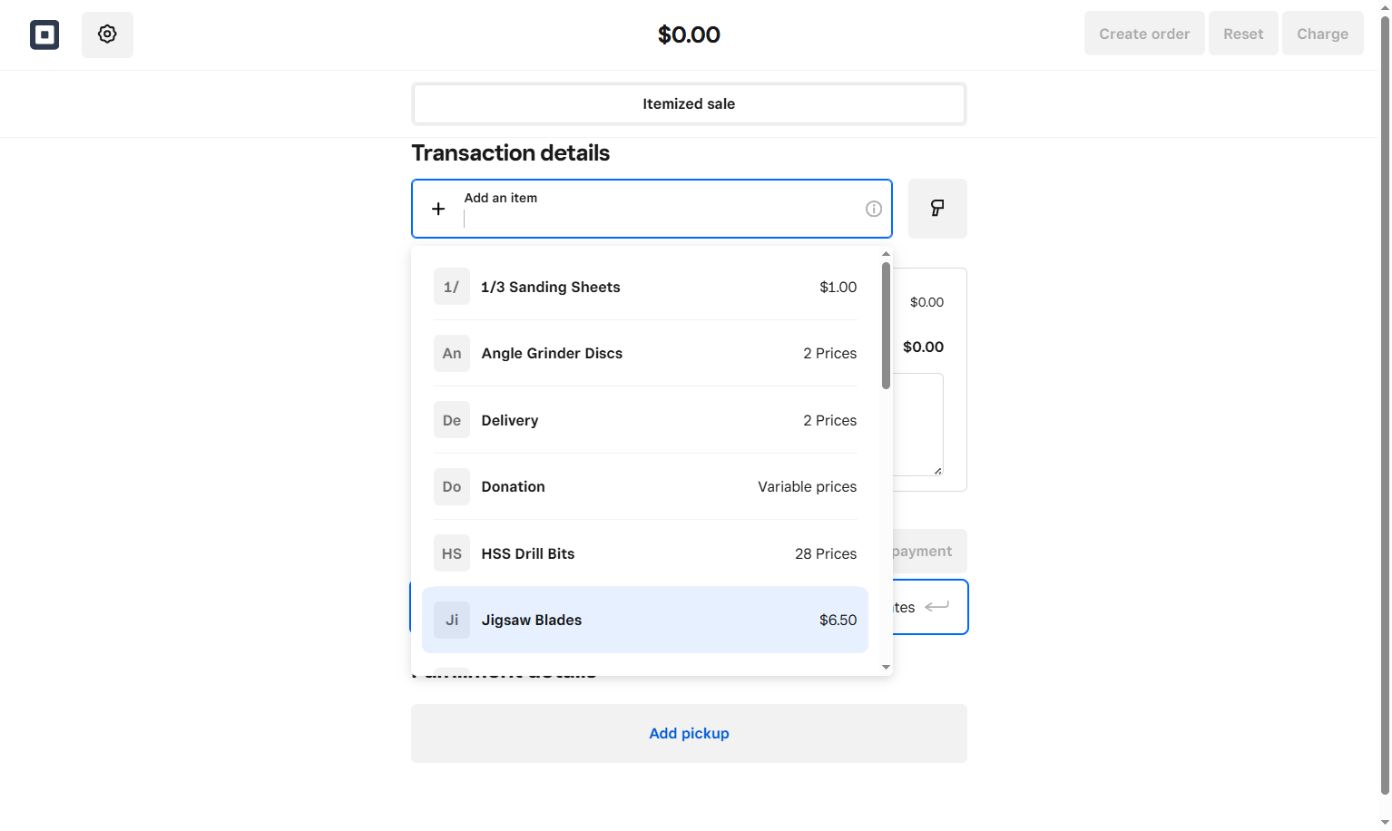 Some items only have 1 variation price, i.e. Jigsaw Blades. Simply select the item and then adjust the quantity if required.